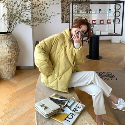 Women short jacket big plaids 90% white down Waterproof windproof womens coat black beige yellow blue warm parka for winter