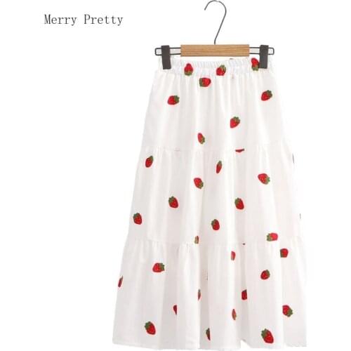Women Pleated Skirts 2020 Summer Fashion Cartoon Fruit Embroidery Knee Length Skirt Korean Style Girl Hight Wais White Skirts