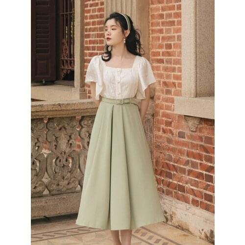 Summer Modern Elegant Style Outfits Vintage Flying Sleeve Loose White Shirt Tops & Green Maxi Skirt With Belt 2 Piece Set Women