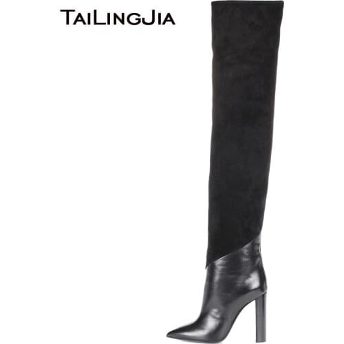 Winter Boots for Women Chunky Heel Over the Knee Boot Ladies Pointed Toe High Heel Long Boots Black Faux Suede Big Size Shoes