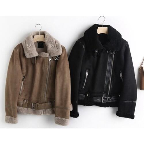 Winter Thick Suede Motorcycle Jacket for Women Wool Blend Warm Belted Outerwear Camel Black