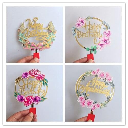 10 Pieces Gold Happy Birthday Cake Toppers Flower Acrylic Glitter Dessert Toppers for Birthday Party Anniversary Cake Pastries