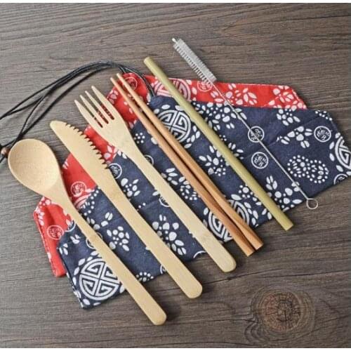 50sets Portable Knife Picnic Natural Reusable Straw Spoon Fork Chopstick Kitchen Utensil Bamboo Cutlery Set