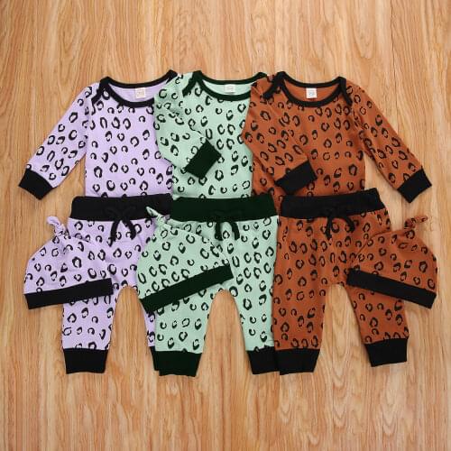 Breathable Infant Clothes Suit Spring Autumn Baby Girls Boys Long Sleeve Round Collar Leopard Print Romper Long Pants Cap Set