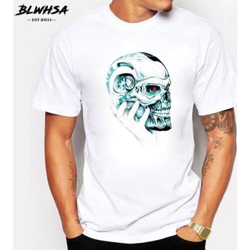 BLWHSA New Fashion Summer Mens T-Shirt Hand Hold Up the Smart Skull Printed Short Sleeve Tees Man Casual Fitness TShirt Tops