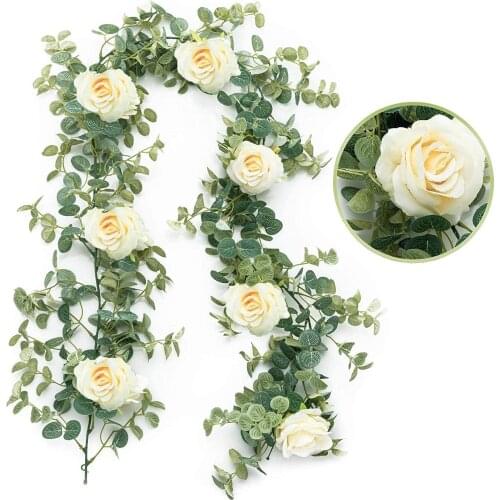 Artificial Eucalyptus Garland with Champagne Rose- Floral Garland Eucalyptus Leaves for Wedding Backdrop Wall Decor