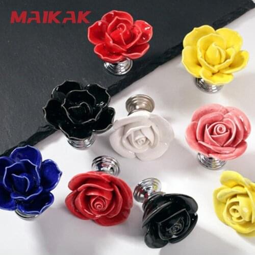 MAIKAK Rose Ceramic Handle Handmade Ceramic Flower Furniture Cabinet Wardrobe Drawer Art Handle Single Hole