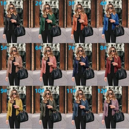 Womens PU Leather Bomber Basic Jacket Coats Autumn Fashion Slim Turn Down Collar Long Sleeve Coats Outwear 12 Colors Options