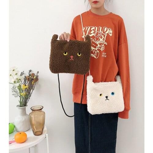 Cute Embriodery Cat Crossbody Bag Plush Winter Fashion Designer Shoulder Pouch Large Capacity Handbags For Women