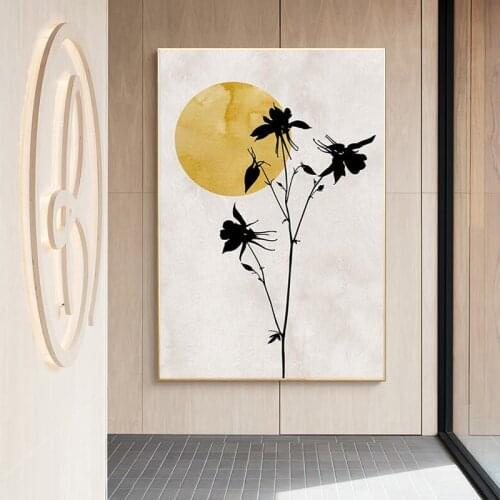 Minimalist Golden Sun Abstract Plant Silhouette Canvas Painting Wall Art Prints and Posters Modern Pictures Artwork Decoration