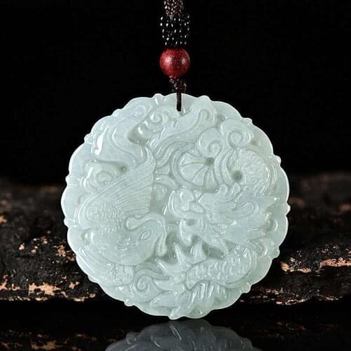 Certificate Natural Emerald Dragon Phoenix Jade Pendant Bead Necklace Charm Jewellery Fashion Hand-Carved Man Woman Luck Amulet