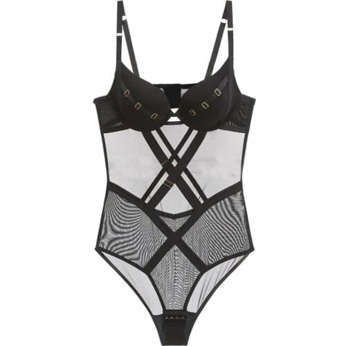 Sexy Bodysuit Women Strappy Padded Cup Sequined Decoration Underwire Gather Brassiere One-piece Lingerie For Women