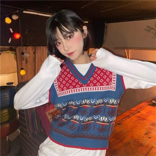 Arygle chic retro v-neck knitted sweater vests winter thick casual fashion knitwear cute kawaii retro knitted vest 2020 new tops