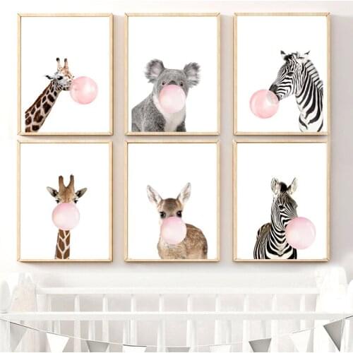 Nordic Cartoon Poster Animal Blowing Bubble Atlas Wall Art Painting Cute Canvas Picture for Kids Room Nursery Modern Home Decor