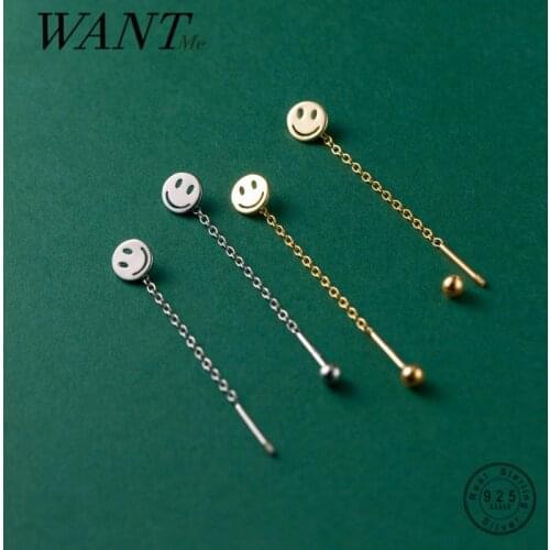 WANTME 925 Sterling Silver Romantic Charming Chain Tassel Beads Smiley Earrings for Women Punk Goth Party Piercing Body Jewelry