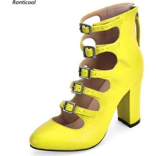 Ronticool Mary Janes Women Pumps Buckle Back Zipper Chunky Heels Round Toe 13 Colors Evening Shoes Ladies US Plus Size 5-15