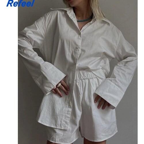White Cotton Blouse Shirt Shorts 2 Piece Set Vintage Sexy Women Shorts Two Piece Sets Long Sleeve Ruffles Autumn Sets