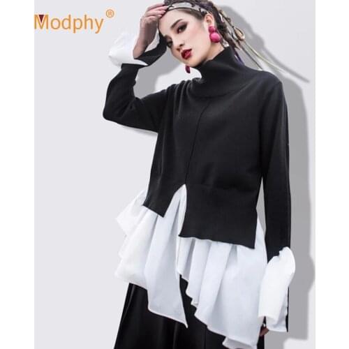 Fake Two-Piece Knitted Turtleneck Sweater Women Horn Long-Sleeved Patchwork Irregular Pullover Female Clothing 2020 Autumn New