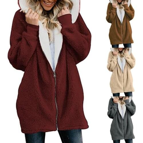 Plus Size Women Winter Warm Coat Solid Color Fluffy Hoodies Zipper Sweatshirt