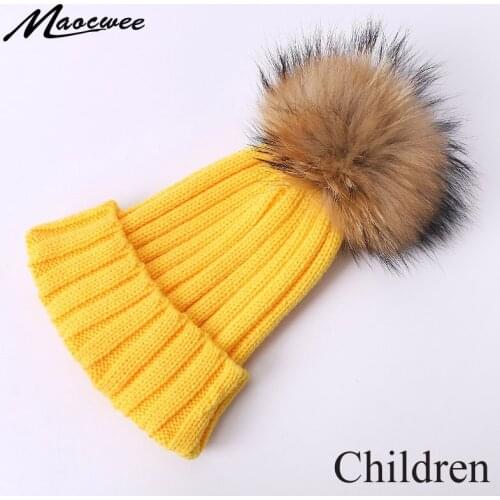 Winter Real Fur Pompon Hat For Children Knitted Warm Solid Color Beanie Hat Kids Outdoor Cute Casual Crochet Ski Cap Bonnet Hat