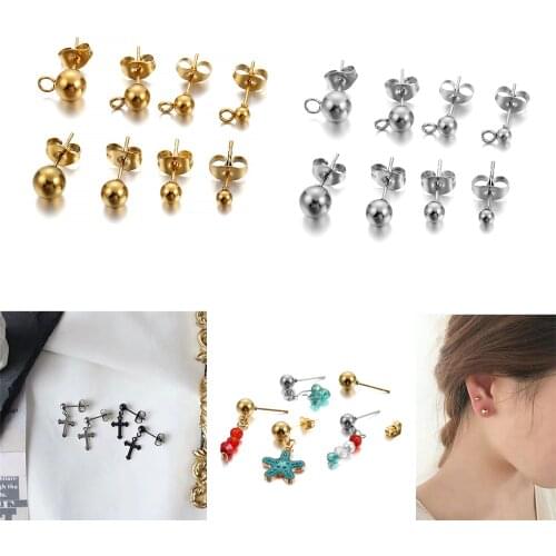 20Pcs/Lot Gold Stainless Steel 3 4 5 6mm Round Ball Earring Post Stud with Loop for DIY Earring Jewelry Making Supplies
