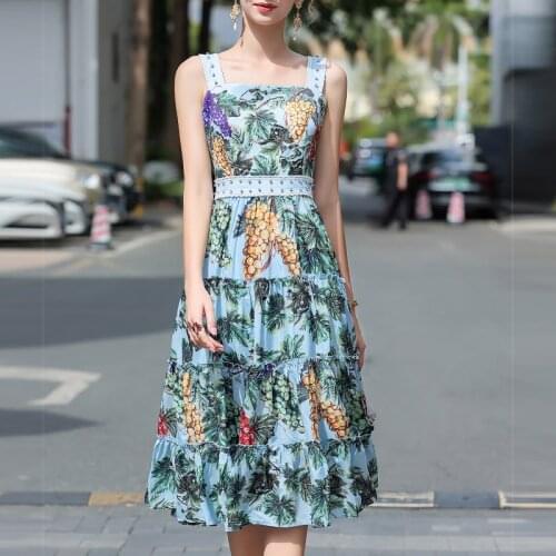 2021 Summer Fashion Designer Dress Women Spaghetti Strap Diamonds Water-soluble flower Patchwork Beach Style Backless Dress