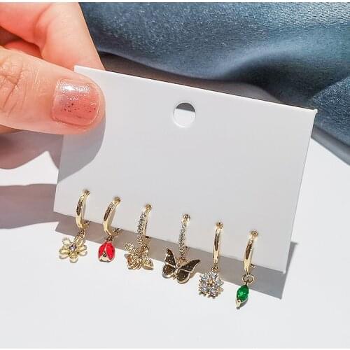 6 pieces/set 925 Sterling Silver Zircon Insect Flower Butterfly Hoop Earrings Set for Women Shiny Creative Jewelry