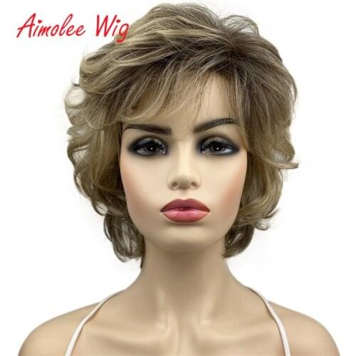 Aimolee Short Curly Wavy Synthetic Hair Wigs With Bangs Lightweight Natural Looking Hair for Women Brown Blonde Mix