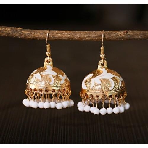 Gypsy Jewelry White Beads Tassel Jhumka Earrings For Women Pendiente Bohemian Ethnic Flower Leaf Shape Bells Earrings