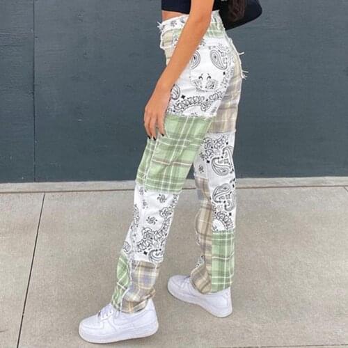 Denim Women Pants Fashion Patchwork Straight Cotton Printing Blend Checkerboard Jeans comfortable Streetwear vetement femme 2021