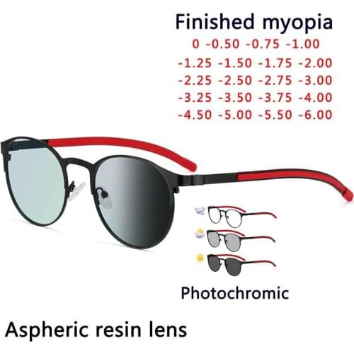 Photochromism Eyeglasses Retro Round Alloy Frame Myopia Glasses Outdoor UV Protection Diopter -0.5 -1.0 -1.5 -2.0 To -6.0