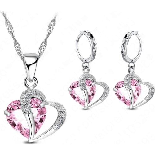 Hottest Wholesale New Jewelry 925 Sterling Silver Heart Water Drop Necklace Dangle Earrings Cubic Zirconia Jewelry Sets