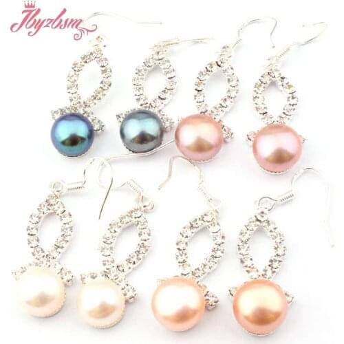 10mm Round Natural Freshwater Pearl CZ Crystal Tibetan Silver Dangle Hook Earrings Fashion Jewelry Women Gift, Free Shipping