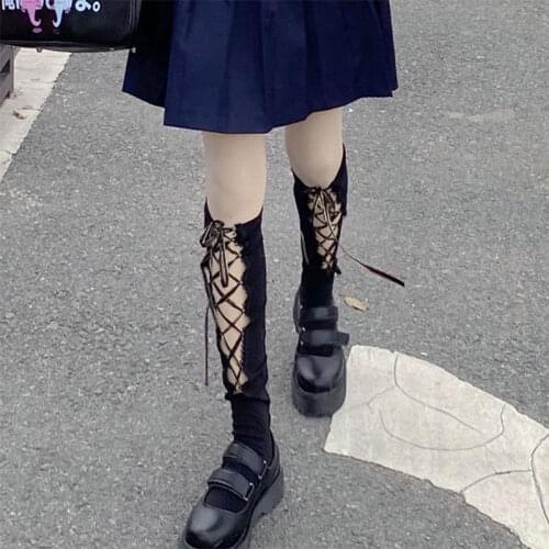 Fashion Gothic Women Hollow Out Hipster 100% Cotton Stockings Jk Solid Black Dark Lolita Cool Girl Criss-cross Ribbon Sock 2021