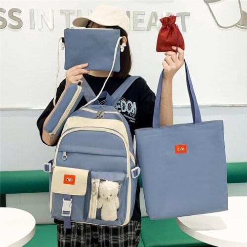 5-piece Fashion Womens Backpack Cute Doll Canvas School Bag for Girls Large Capacity Backpack with Many Pockets Travel Backbags