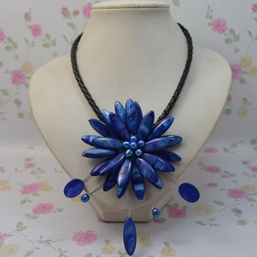 New Arrival Favorite Pearl Jewelry Natural Freshwater Pearl Blue Shell Flower Handmade Black Rope Necklace Fine Women Gift
