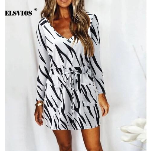 Autumn Women Sexy V Neck Pocket Long Sleeves Lace-up Fashion Dress Printed Casual Soft Home A-line Dresses Slim Elegant Dresses