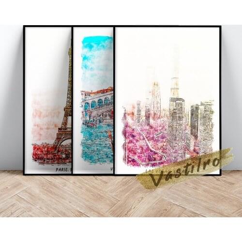 World City Travel Map Poster, France Paris Eiffel Tower Canvas Painting, New York Print Art Wall Picture Living Room Home Decor
