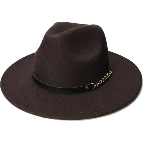 LUCKYLIANJI Retro Women Men Vintage 100% Wool Wide Brim Cap Fedora Panama Jazz Bowler Hat Black Chain Leather Band (57cm/adjust)