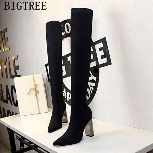 Knitting thigh high boots pointed toe high heels glitter cuissardes sexy talons hauts high heel boots chaussures femme 3128-1