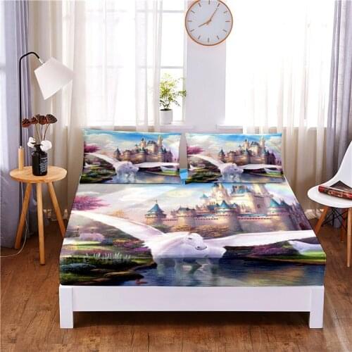Cartoon Unicorn Digital Printed 3pc Polyester Fitted Sheet Mattress Cover Four Corners with Elastic Band Bed Sheet Pillowcases