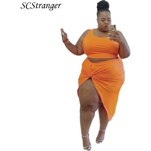 SCStranger Summer Womans Clothing 2021 Sexy Umbilical Vest Leg Slit Skirt Sleeveless Plus Size Womens Two-Piece Suit