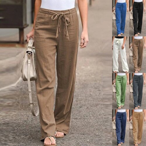 2021 new womens summer European and American elastic waist solid color cotton and linen belt wide-leg pants loose trousers