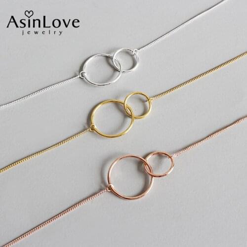 AsinLove Real 925 Sterling Silver Simple Double Round Necklace Minimalist Dainty All-match Smooth Pendant Necklace for Women
