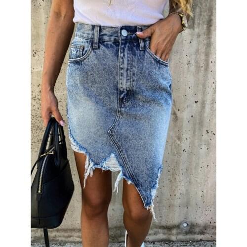 Personality Ripped Irregular Hip Denim Skirt Female Summer Fashion High Waist Slim Denim Skirts Etrendy Lastic Bodycon Dress