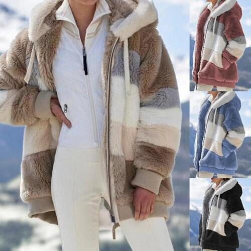 Winter Plus Size S-5Xl Women Coat Long Slevee Plush Warm Jacket Ladies Hooded Zipper Patchwork Outdoor Casual Females Clothes