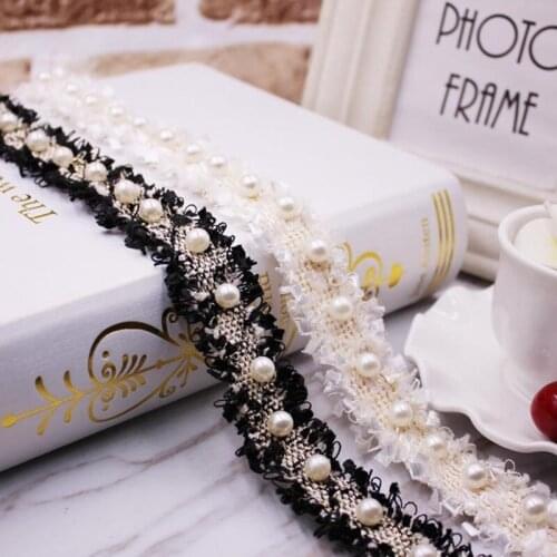 0.9M Polyester lace Ribbon Trim With Imitation Pearl Beaded for DIY sewing supply clothing accessory bag hat costume decor