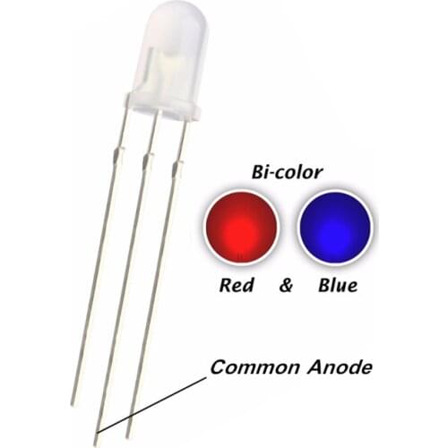 100PCS 5MM Red + Blue Bicolor DIP LED Common Anode Diffused R+B Bi-Color Round Head Lamp Light Beads FREE SHIPPING