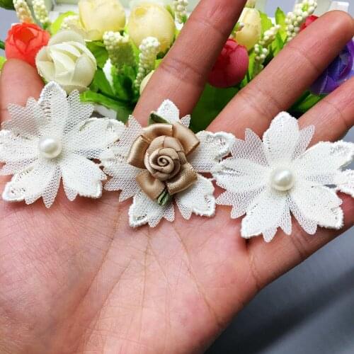 10x African Fabric Apricot Pearl Beaded Coffee Flowers Lace Trim Embroidered Ribbon Sewing Craft DIY Garment Sewing Accessories