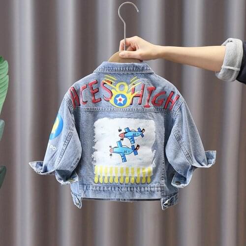 2021 Spring Kids Boy Denim Jacket Graffiti Outwear Painting Plane Coat Long Sleeve Fashion Jeans Pocket Children Clothes NEW